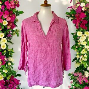 Isaac Mizrahi Linen Top Shirt Blouse 3/4 Sleeve Tie Side Tunic Pink M Medium